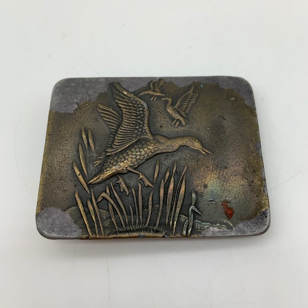 Vintage 1960s Engraved Ducks Flying 3" Square Belt Buckle